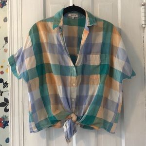 Cotton/linen boxy button up checked top Madewell